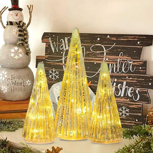 The Holiday Aisle® 3 Pack PreLit Gold Glass Christmas Tree Home Decor
